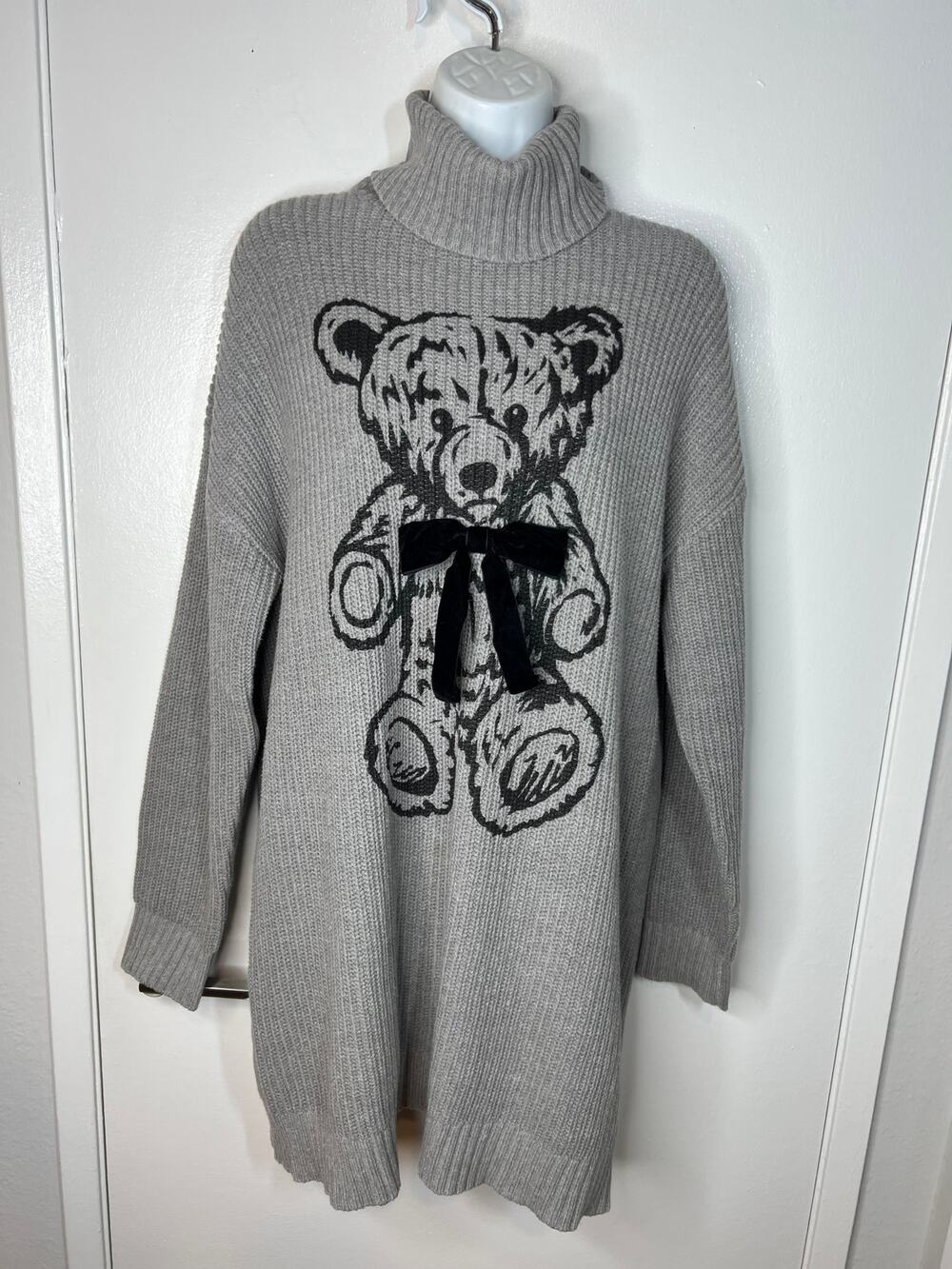 Teddy Fresh Women's Turtleneck Sweater Dress Black Bear Velvet Bow Grey Size S/M
